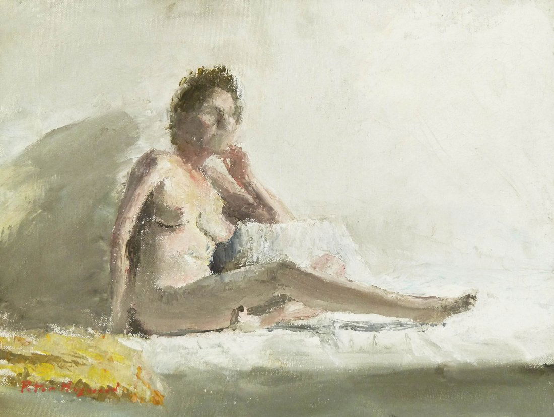 Peter Hayward (1905-1993 American) Untitled Female Nude: Peter Hayward (1905-1993 American) Untitled Female Nude Oil on Canvas 12''x16'' Image. Impressionist painting of a reclining nude. Signed l.l. corner. Gilt silver frame with a total size of 16''x20''.