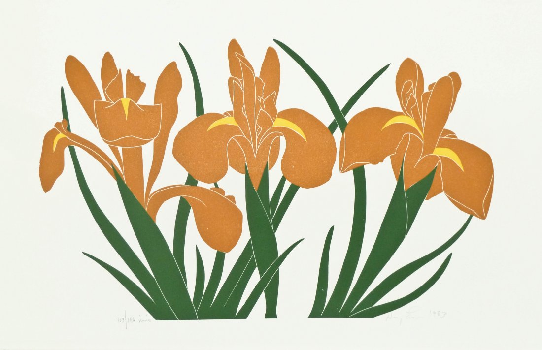5pc Henry Evans ''Iris'' Flowers Woodcut Prints: 5pc Henry Evans ''Iris'' Flowers Woodcut Prints 20''x13'' Each Sheet. They are all pencil signed and numbered. Includes ''Iris'' (Yellow) 1983 84/145, ''Iris'' (Pink) 1983 94/148, ''Iris'' (Yellow) 19