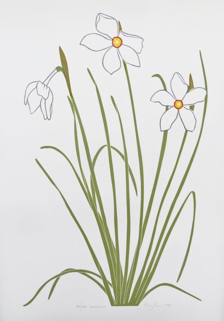 5pc Henry Evans Vertical Flowers Woodcut Prints: 5pc Henry Evans Vertical Flowers Woodcut Prints 20''x13'' Each Sheet. They are all pencil signed and numbered. Includes ''Carnations'' (Red) 1983 190/200, ''Brodiaea'' (Blue) 1984 168/196, ''Orchid'' 