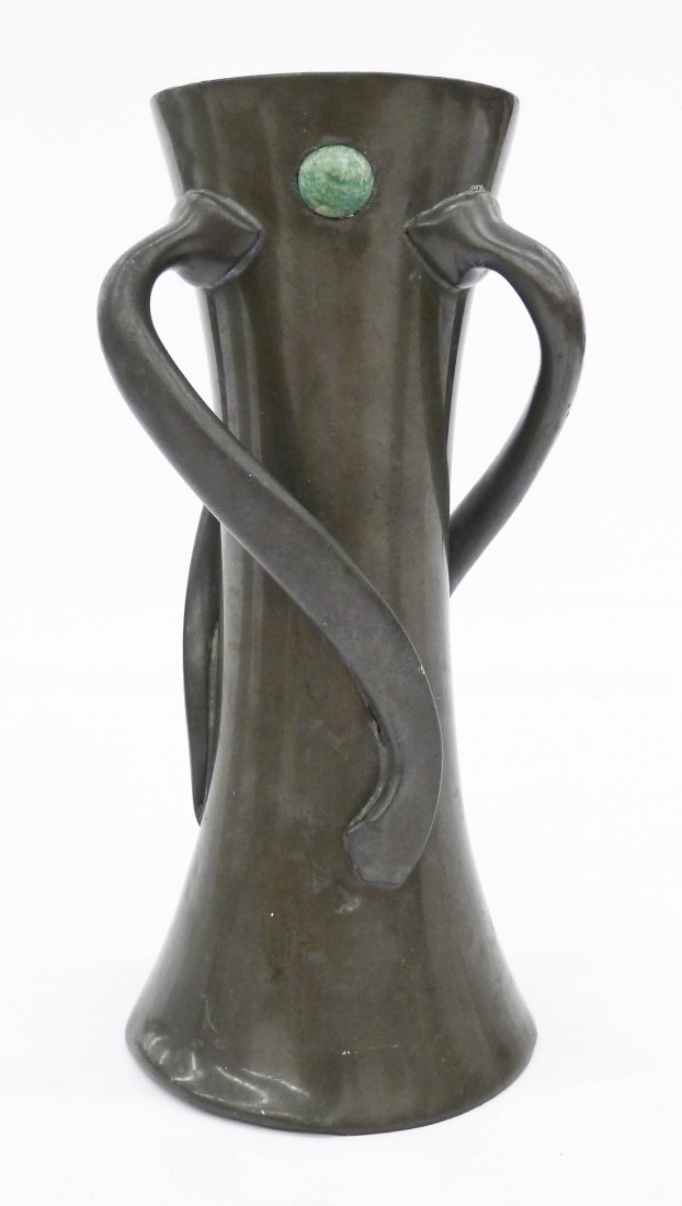 Liberty & Co. Tudric Pewter Art Nouveau Vase: Liberty & Co. Tudric Pewter Art Nouveau Vase 7.5''x3.5''. Three handled form 030 designed by Archibald Knox circa 1905. Top has three green enameled buttons at top edge. Some slight bends to edges.
