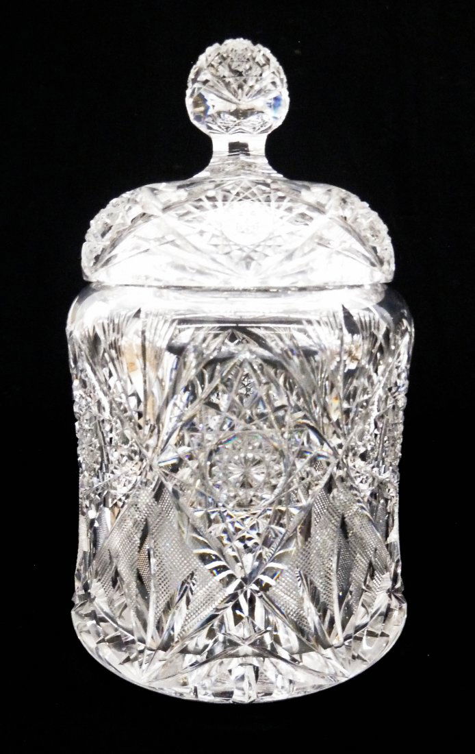 Egginton American Brilliant Cut Glass Jar 9.25''x5.5''.: Egginton American Brilliant Cut Glass Jar 9.25''x5.5''. Acid etched star mark on bottom. Overall excellent condition. Biscuit or candy jar, ABCG.