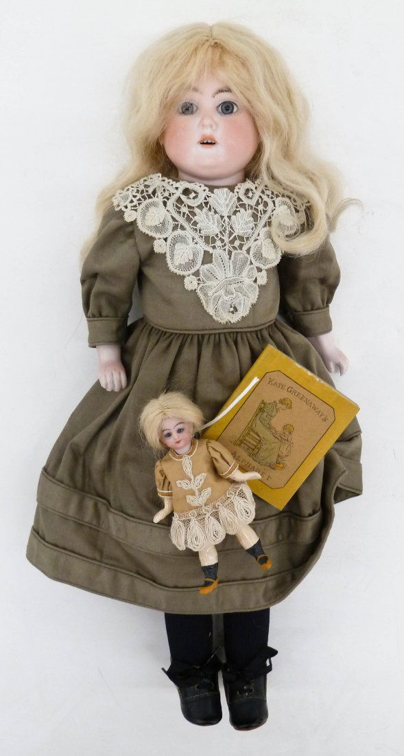 2pc Antique Kate Greenaway Bisque Head Dolls 16'' and: 2pc Antique Kate Greenaway Bisque Head Dolls 16'' and 4.25''. Includes a Louis Wolf 2015 0 1/2 bisgue head doll with open mouth and glass eyes. Leather jointed body with bisque hands. Also a 4/0 minia