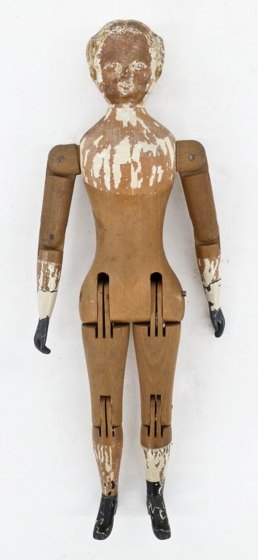 Antique Joel Ellis Jointed Wood Artist Model Doll 12''.: Antique Joel Ellis of Springfield, Vermont Jointed Wood Artist Model Doll 12''. Fully jointed with remnants of original white paint remaining. Overall excellent condition.