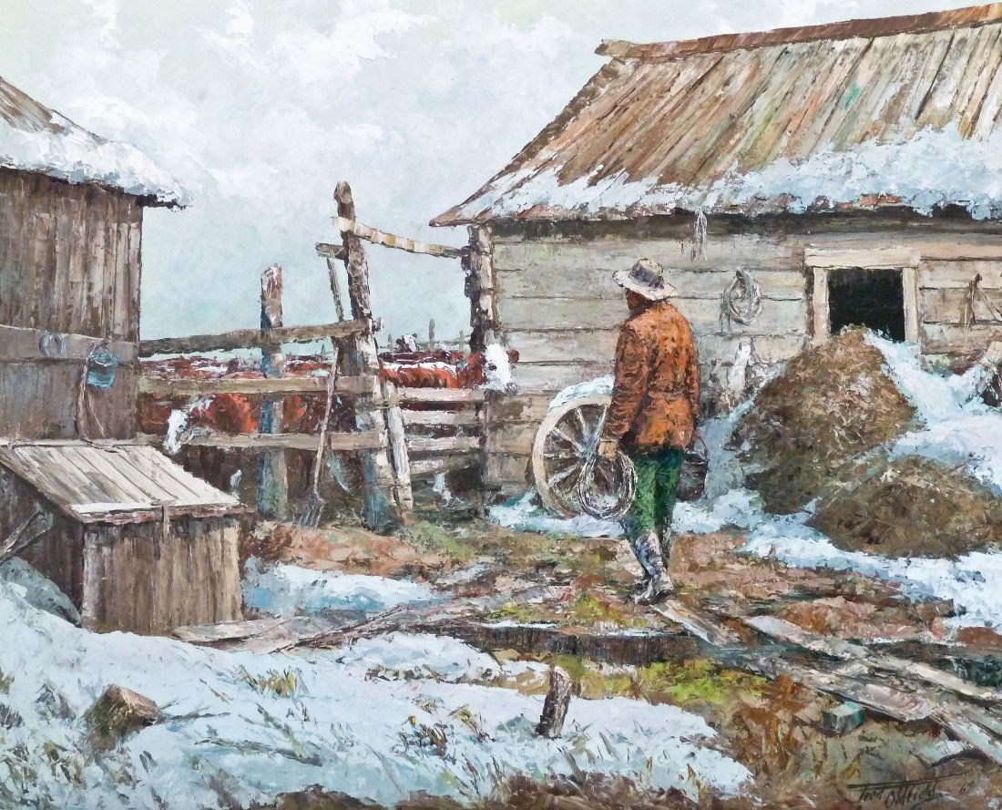 Fred Oldfield (b.1918 Washington) ''Barnyard Cowboy'': Fred Oldfield (b.1918 Washington) ''Barnyard Cowboy'' 1968 Oil on Board 24''x30'' Image. An impressive large and colorful scene with cows and barn. Signed and dated l.r. corner. Housed in original fra