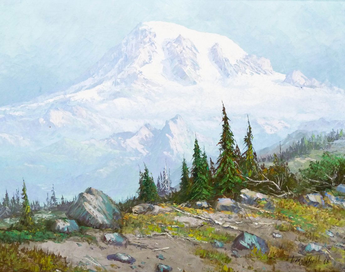 Fred Oldfield (b.1918 Washington) ''Rainier'' 1968 Oil: Fred Oldfield (b.1918 Washington) ''Rainier'' 1968 Oil on Canvas 22''x28'' Image. A colorful northwest mountain scene signed and dated l.r. corner. Housed in original frame with a total size of 31''x3