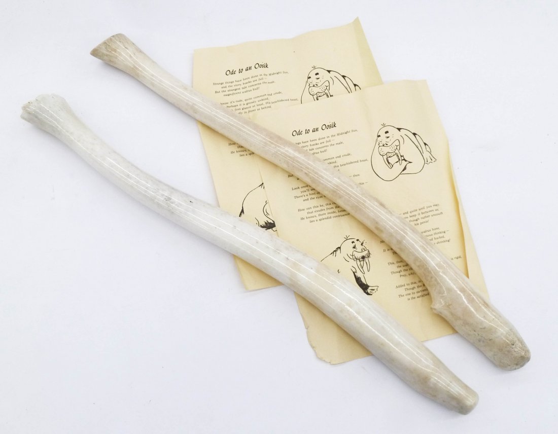 2pc Old Inuit Oosik Bone Clubs 21'' and 21.5''. Large: 2pc Old Inuit Oosik Bone Clubs 21'' and 21.5''. Large walrus bone fish or seal clubs. Alaskan native eskimo made. Excellent condition.
