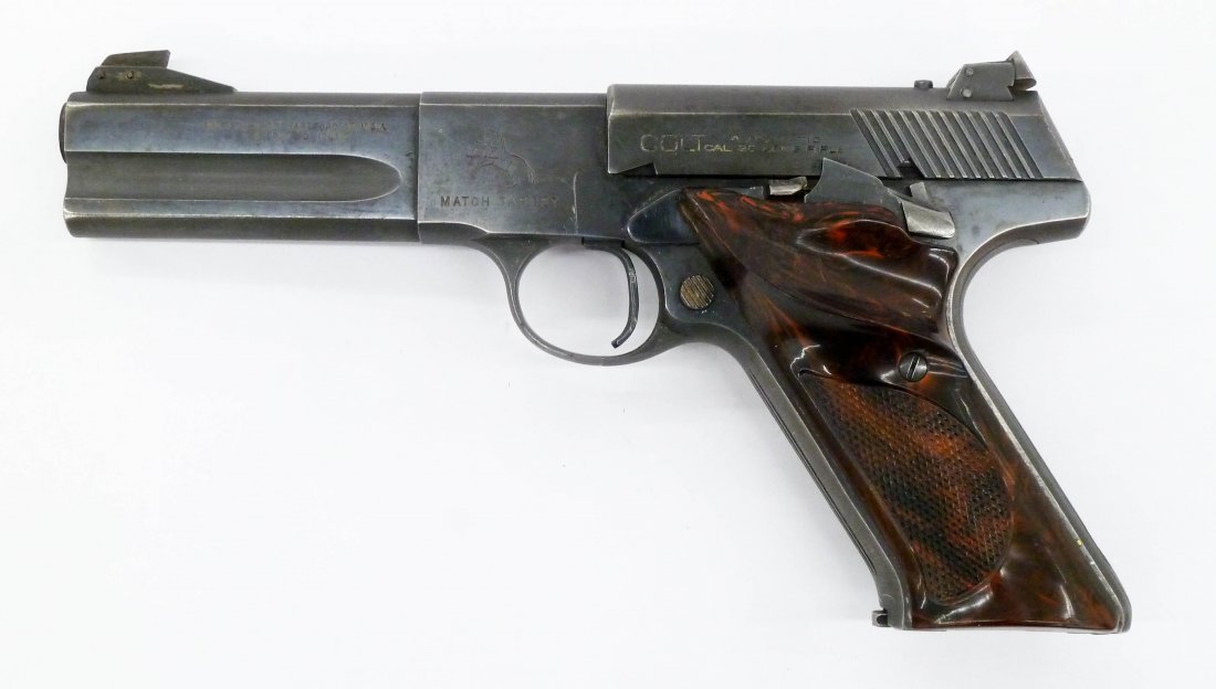 Vintage Colt Match Target .22LR Pistol 9''. Plastic: Vintage Colt Match Target .22LR Pistol 9''. Plastic Colt grips with 4.5'' barrel. Serial number 78802-S. Light scattered wear. Lot requires FFL or background check made by Pintos Guns of Renton, Washi