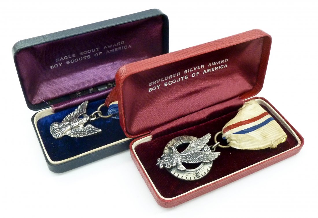2pc Vintage Boy Scout Sterling Medals in Coffin Boxes.: 2pc Vintage Boy Scout Sterling Medals in Coffin Boxes. Includes an Eagle Scout Award and Explorer Silver Award. Overall excellent condition. BSA