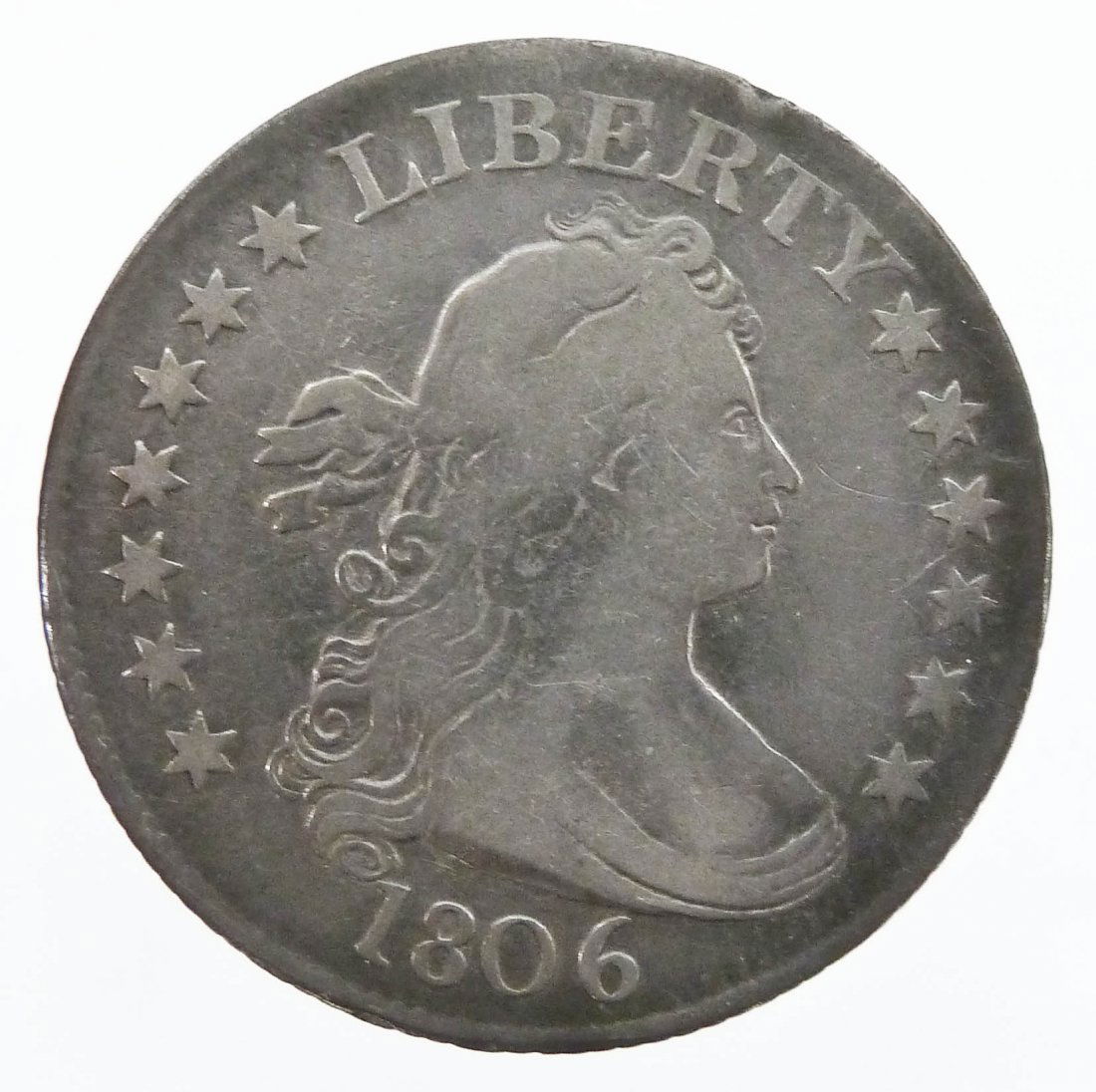 US 1806 Draped Bust Quarter Dollar Silver Coin. G-VG: US 1806 Draped Bust Quarter Dollar Silver Coin. G-VG condition. These coins were found in an old type set album collected in the 1970's and 1980's. Estate fresh and guaranteed authentic.