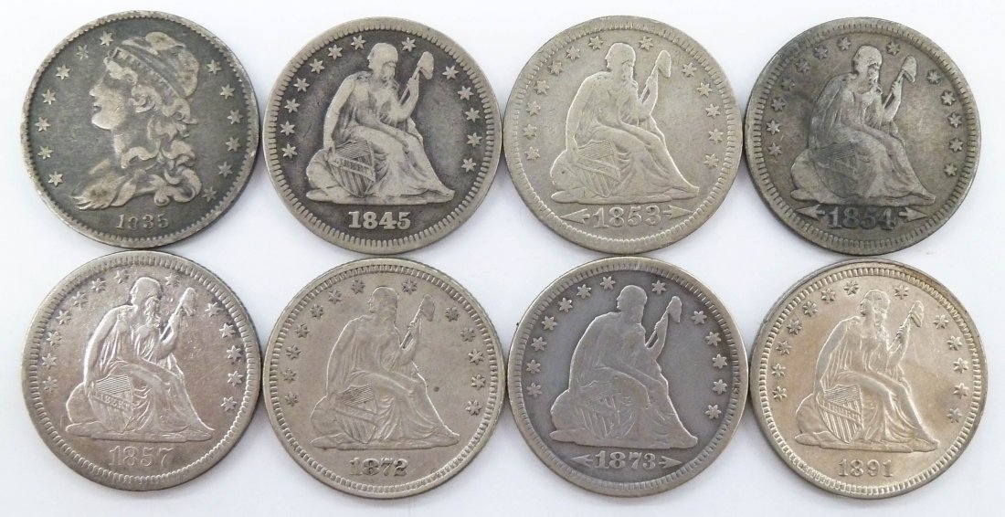 8pc US Seated Liberty Quarter Dollar Silver Coins.: 8pc US Seated Liberty Quarter Dollar Silver Coins. Includes a draped bust 1835, 1845, 1853, 1854, 1857, 1872, 1873, and 1891. Condition ranges G-VF. These coins were found in an old type set album col