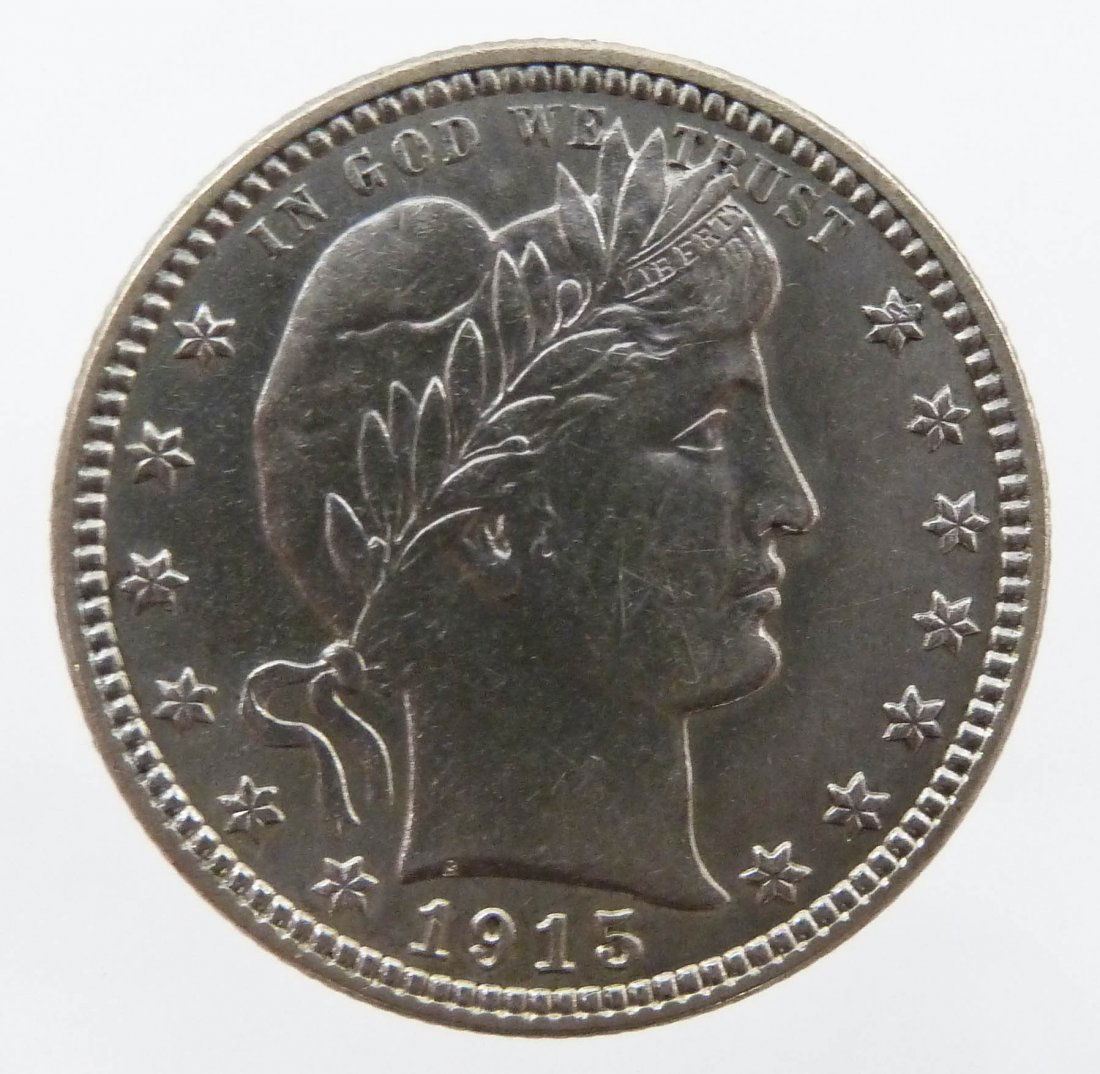 High Grade US 1915-D Barber Quarter Dollar Silver Coin.: High Grade US 1915-D Barber Quarter Dollar Silver Coin. EF or better condition. These coins were found in an old type set album collected in the 1970's and 1980's. Estate fresh.