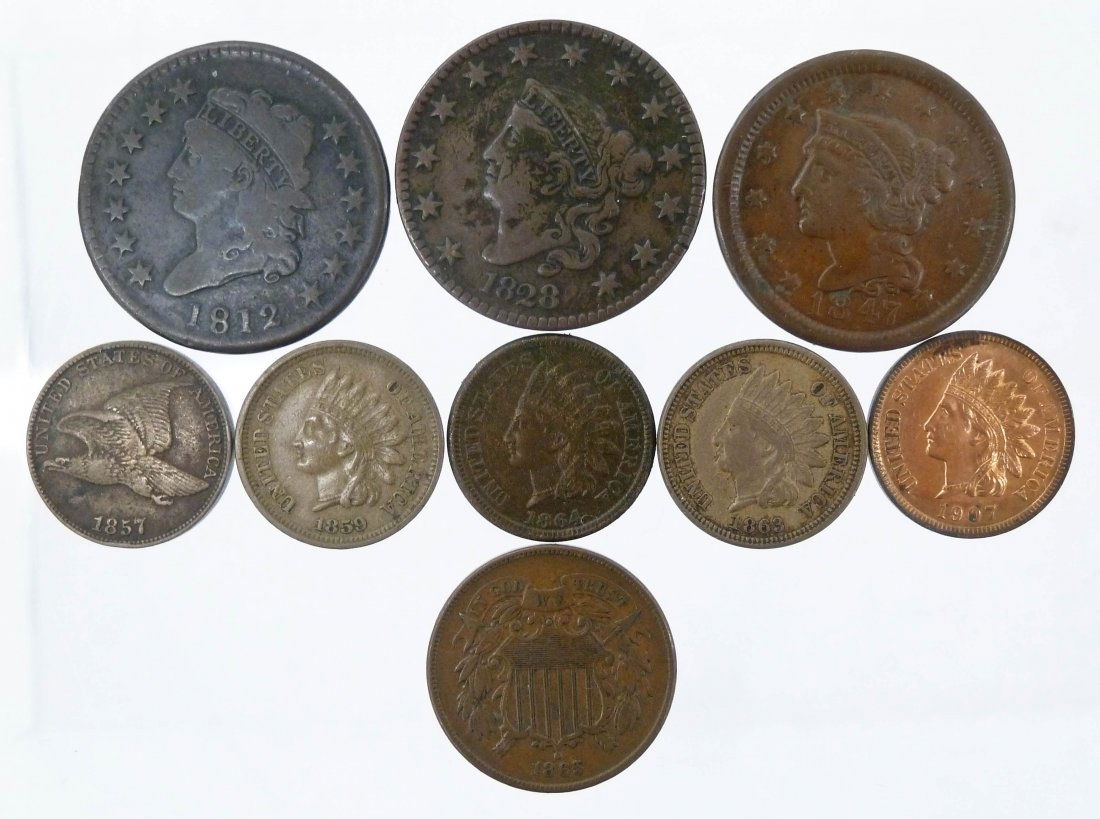 9pc Old US Copper Cents. Includes a classic head 1812,: 9pc Old US Copper Cents. Includes a classic head 1812, liberty 1828, matron 1847, flying eagle 1857, Indian 1859, 1863, 1864, 1907 (AU), and a 1865 shield two cent piece. Condition ranges VG-VF. These