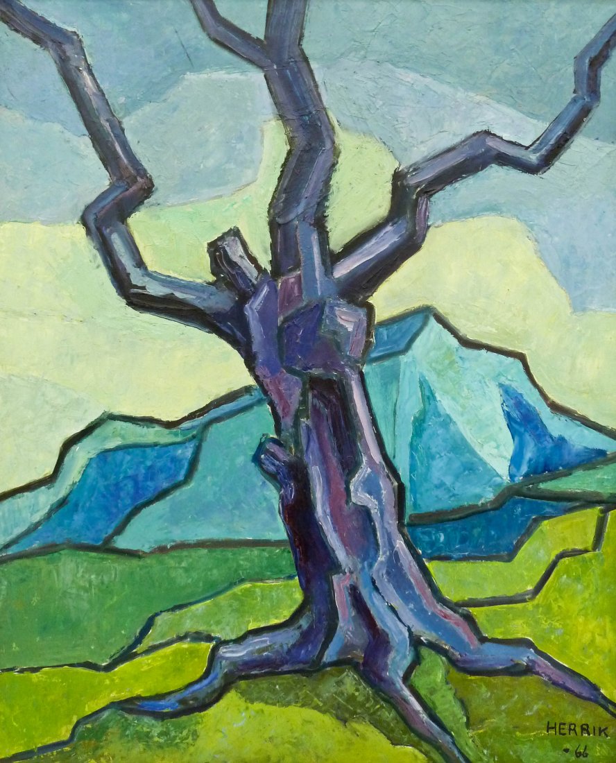 Ewald Herrik (b.1907 Danish) Untitled Abstract Tree: Ewald Herrik (b.1907 Danish) Untitled Abstract Tree 1966 Oil on Masonite 24''x20.25'' Image. A moody expressionist landscape likely in Spain. Signed and dated l.r. corner. Total framed size 31''x26.75