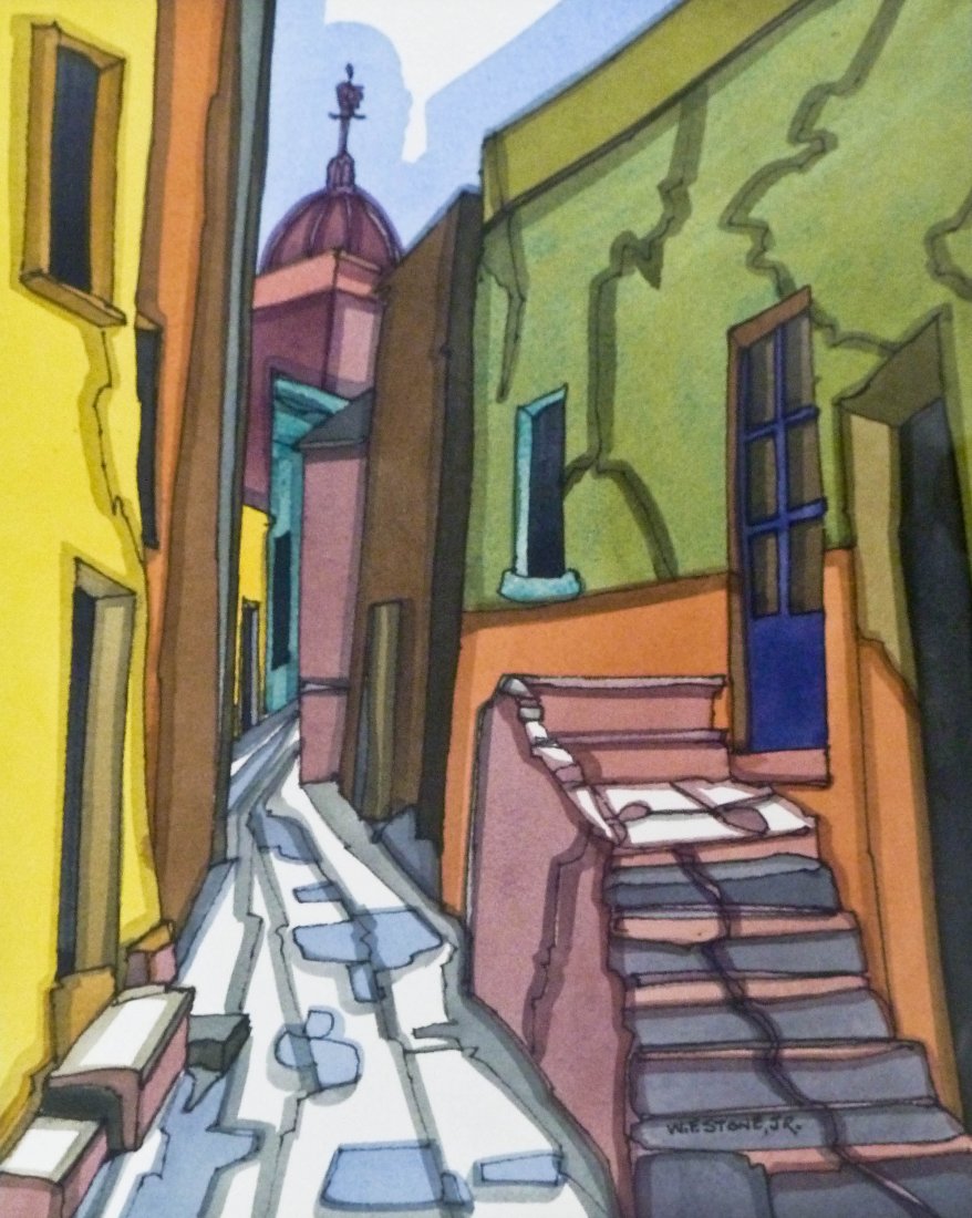 William F. Stone (1929-2009 California) Untitled Street: William F. Stone (1929-2009 California) Untitled Street Scene Watercolor on Paper 10"x8" Image. Signed "W.F. Stone, Jr." lower right corner. Total framed size 16.5"x14". Excellent condition.
