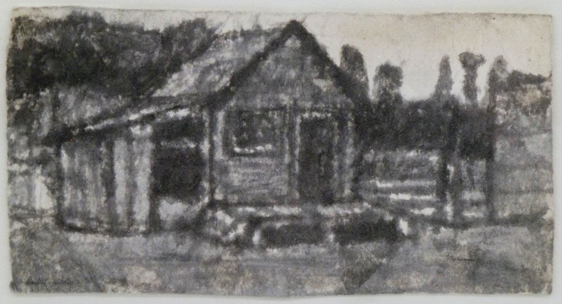 James Castle (1899-1977 Idaho) Untitled Farm Scene 1964: James Castle (1899-1977 Idaho) Untitled Farm Scene 1964 Soot & Saliva on Found Paper 2.75''x5'' Image. A charming farm landscape that is painted on the back of a Meadow Gold Chocolate Ice Cream carton