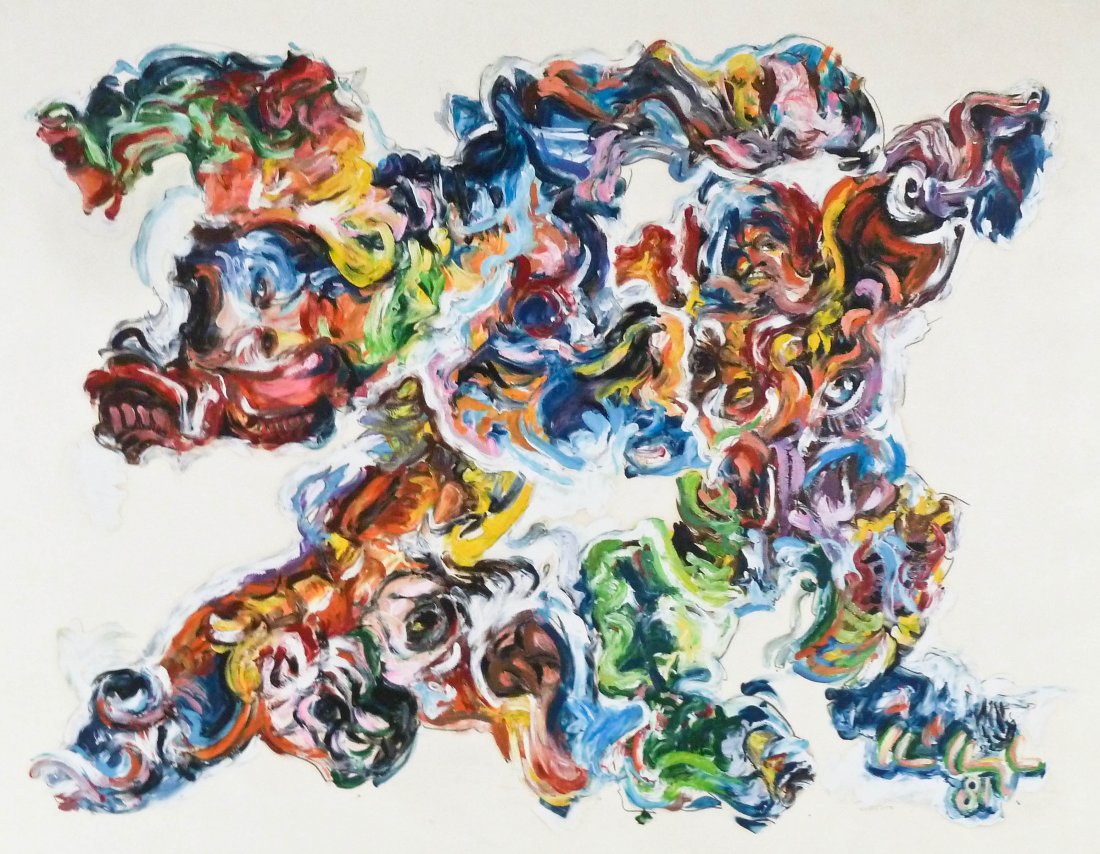 Charles Clough (b.1951 New York) ''Zoro'' 1981 Oil on: Charles Clough (b.1951 New York) ''Zoro'' 1981 Oil on Paper 39''x49'' Image. A colorful abstraction with scattered face forms. Titled l.r. corner. Purchased Linda Farris Gallery, Seattle. Excellent co