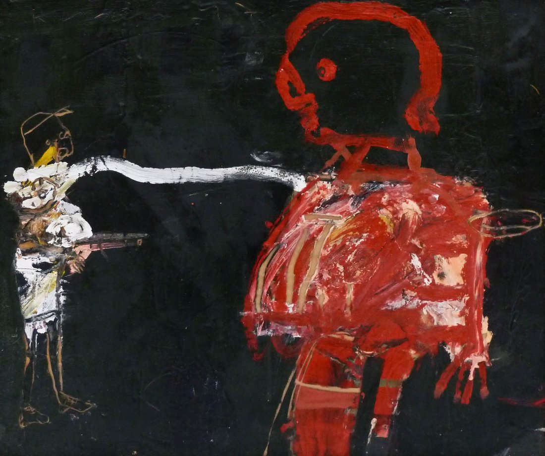 James Havard (b.1937 New Mexico) ''Man Clutching Toy: James Havard (b.1937 New Mexico) ''Man Clutching Toy Soldier'' 1997 Oil & Wax on Board 18''x21'' Image. Signed and dated u.l. corner. Allen Lapides Gallery, Santa Fe label on verso. Original purchase