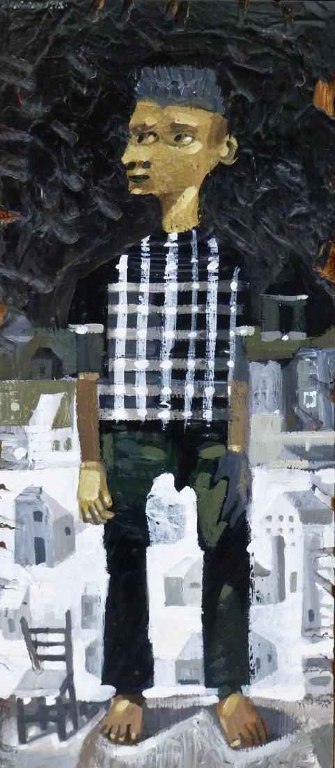2pc David DeVillier (b.1960 American) ''Man Above: 2pc David DeVillier (b.1960 American) ''Man Above Town'' & ''The Woman Who Floats'' 1998 Acrylic on Panel 5.25''x11.75'' Each Image. Colorful modern portrait paintings signed u.l. corner and titled on