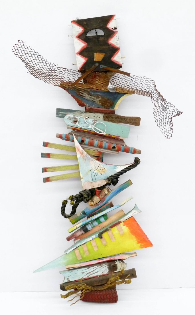 Wally Warren (20th Cent. Maine) ''Labor'' 1986 Mixed: Wally Warren (20th Cent. Maine) ''Labor'' 1986 Mixed Media Hanging Sculpture 47''x26''. Abstract figure of painted wood with found objects. Wall sculpture is signed and dated on verso. Excellent condi