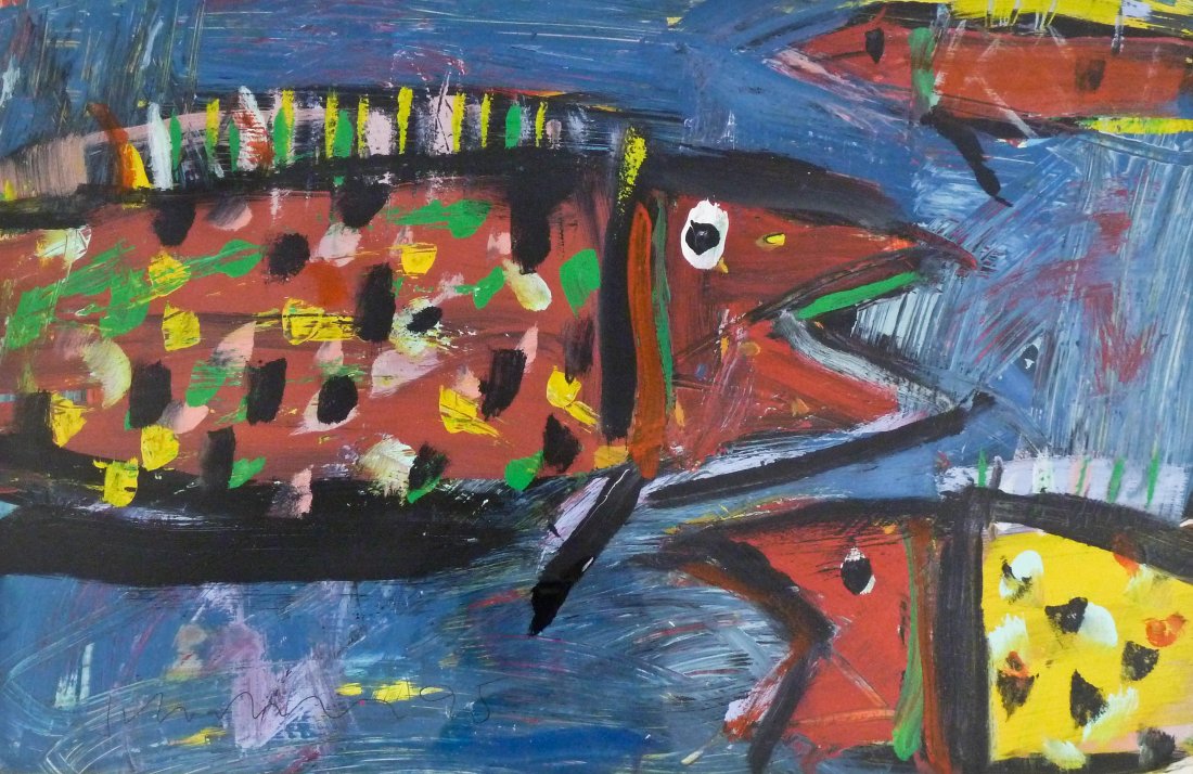 Jim Wagner (b.1940 American) ''School Time'' 1995 Oil: Jim Wagner (b.1940 American) ''School Time'' 1995 Oil on Paper 10.5''x16.5'' Sight. Colorful abstraction signed and dated l.l. corner. Purchased at The Parks Gallery, Taos New Mexico. Excellent condit