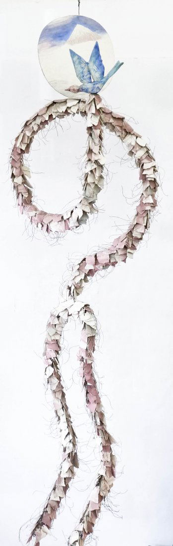 Michael Lucero (b.1953 American) ''White Mountain'': Michael Lucero (b.1953 American) ''White Mountain'' 1982 Ceramic & Wire 93''x23''. Hanging wall sculpture forms a man holding a bird. Signed and dated on verso of head. Purchased at Linda Farris Galle