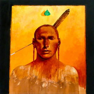 Ben Wright (20th Cent. New Mexico) ''Standing Nation: Ben Wright (20th Cent. New Mexico) ''Standing Nation (Cottonwood)'' Mixed Media on Canvas 43''x43''. Image depicts a first nations indian portrait and is signed l.r. corner. Titled with explanation on