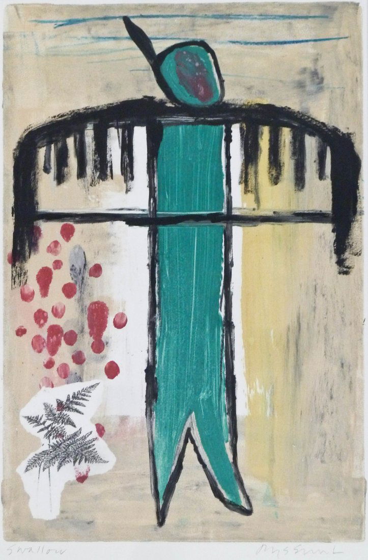 Jaune Quick-To-See Smith (b.1940 New Mexico): Jaune Quick-To-See Smith (b.1940 New Mexico) ''Swallow'' Color Monotype 18''x12'' Image. Signed and title lower margin. Lewallen Contemporary Gallery, Santa Fe label on verso. Total framed size 26''x1