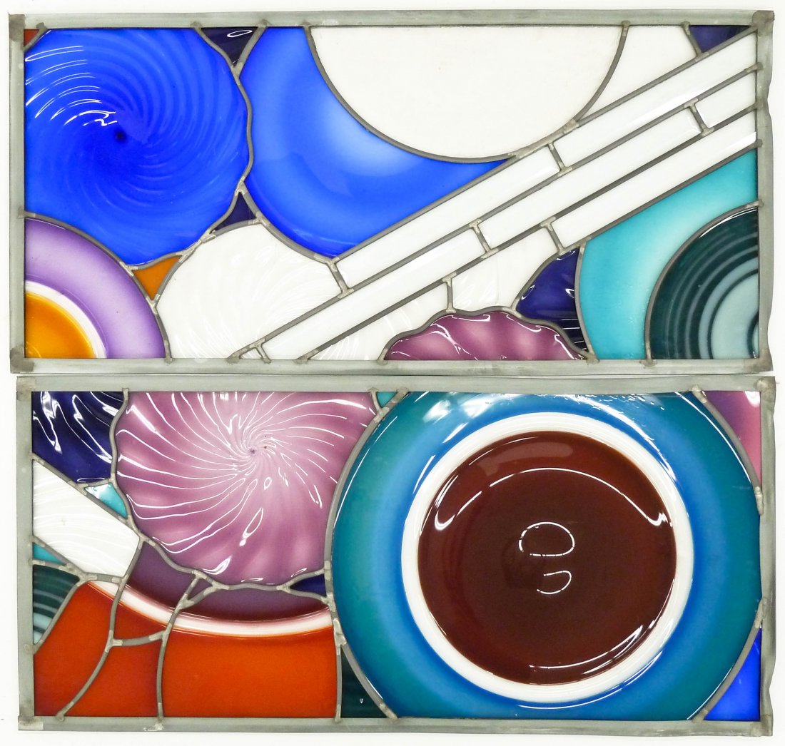 Sonja Blomdahl (b.1952 Washington) Two Incalmo Glass: Sonja Blomdahl (b.1952 Washington) Two Incalmo Glass Windows 34.75''x16.5'' Each. Multi-colored incalmo glass leaded panels. These were commissioned by Blomdahl in 1993 and come with a copy of the ori