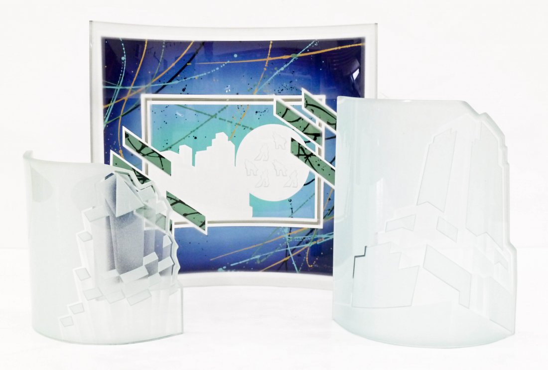 Joan Irving (1916-1995 American) Untitled Cityscape: Joan Irving (1916-1995 American) Untitled Cityscape 1990 Glass Sculpture 16''x16''. A three part acid cut and painted table sculpture. Smaller panels measure 12''x9'' and 9''x10''. Overall excellent c