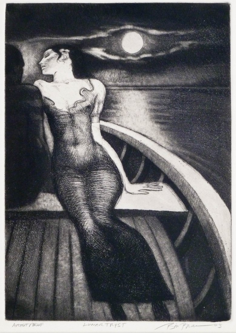 Bill Brauer (b.1939 American) ''Lunar Tryst'' 2003: Bill Brauer (b.1939 American) ''Lunar Tryst'' 2003 Etching 12''x8.5'' Impression. Pencil signed and titled artist proof print lower margin. Total framed size 21''x17''. Excellent condition.