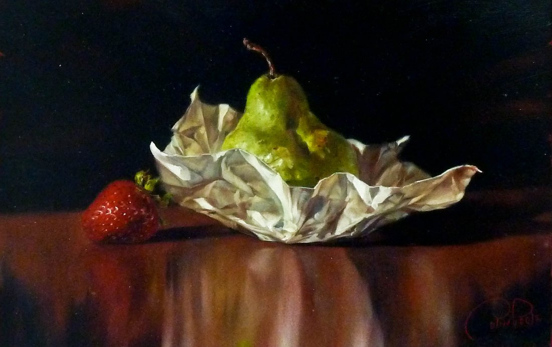Colin Poole (21st Cent. New Mexico) ''Strawberry: Colin Poole (21st Cent. New Mexico) ''Strawberry Delight'' Oil on Panel 6.5''x10'' Image. A pleasing trompe l'oeil image of fruit on a table. Signed l.r. with a title label on verso. Ornately framed w