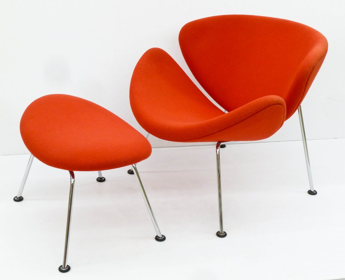 Pierre Paulin ''Orange Slice'' Red Chair & Ottoman.: Pierre Paulin ''Orange Slice'' Red Chair & Ottoman. Model 437 chair measures 28''x33''x32'' and the ottoman 17''x27''x17''. Red upholstery with chrome legs made by Artifort. Metal tag on bottom. Excel