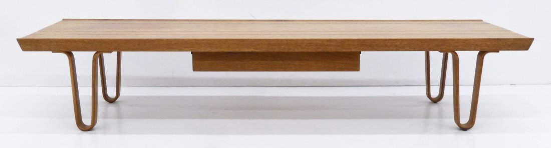 Edward Wormley ''Long John'' Coffee Table: Edward Wormley ''Long John'' Coffee Table 12''x60''x19''. Model 4699 for Dunbar. Walnut with bentwood legs and a single drawer. Brass tag on bottom. Overall excellent condition. (DEB)