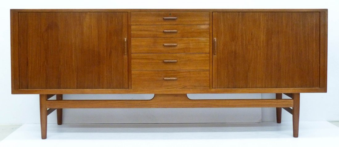 Erik Worts Denmark Teak Tambour Door Sideboard: Erik Worts Denmark Teak Tambour Door Sideboard 35.5''x84.5''x20''. Manufactured in Copenhagen by Henrik Worts Joinery circa 1960. Five center drawers with opposing tambour sliding doors. Original labe