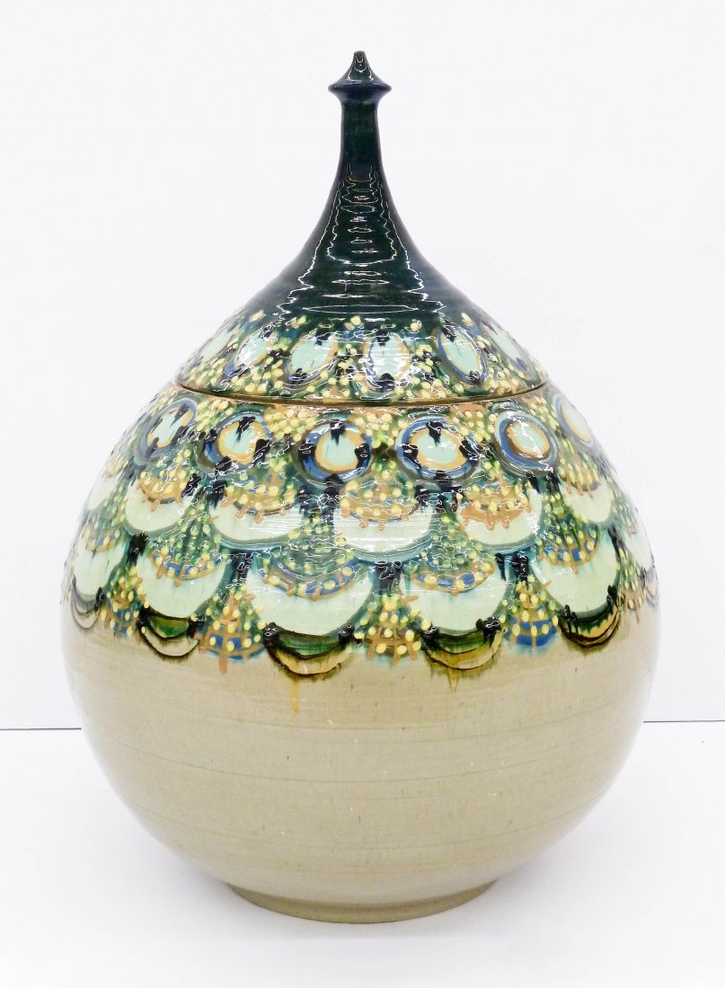 Bjorn Wiinblad (1918-2006 Danish) Large Onion Shaped: Bjorn Wiinblad (1918-2006 Danish) Large Onion Shaped Jar 28''x19''. Monumental wheel thrown cow horn decorated jar. Signed and dated 1970 on bottom. Scatted glaze flaking and small chips to edges, oth