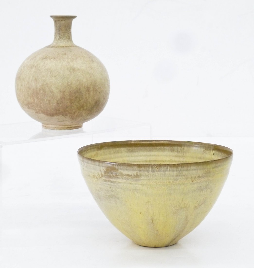 2pc Laura Andreson & Beatrice Wood Ceramics. Includes: 2pc Laura Andreson & Beatrice Wood Ceramics. Includes an Andreson porcelain bottle vase 5.75''x5'' and a signed Beato yellow glazed bowl 4.5''x7.5''. Bowl has hairline crack, otherwise excellent condi