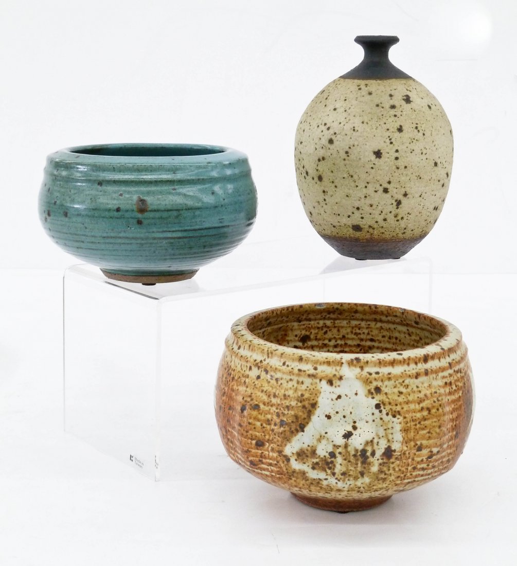 Vivika & Otto Heino (b.1909/15 New Hampshire) Three: Vivika & Otto Heino (b.1909/15 New Hampshire) Three Stoneware Bowls & Vase. Includes a speckled glaze vase 6.5''x4.75'', an altered form brown speckled bowl 4.75''x6.5'', and a turquoise blue glazed b
