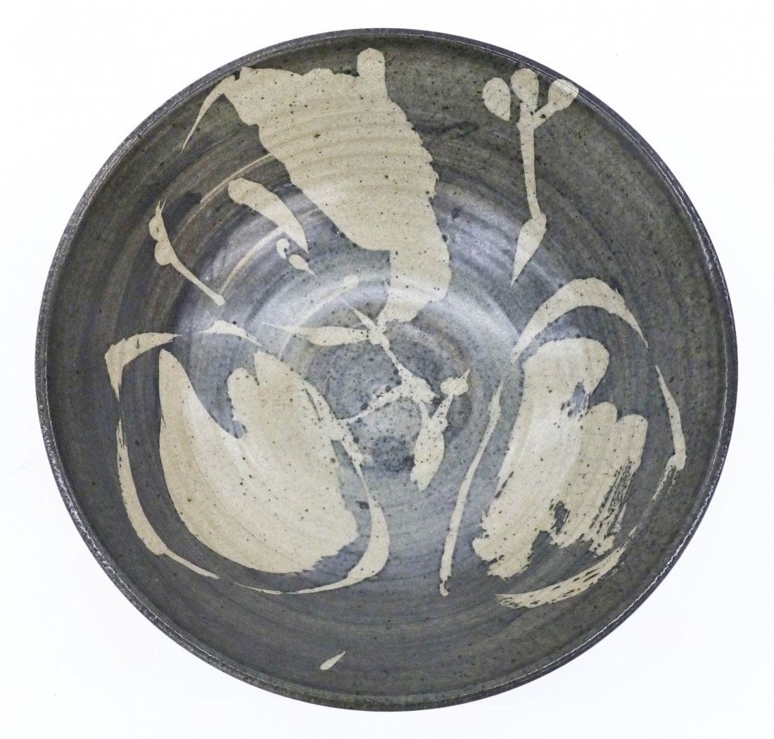 Peter Voulkos (1924-2002 California) Wax Resist Glazed: Peter Voulkos (1924-2002 California) Wax Resist Glazed Bowl 4''x12''. Wheel thrown stoneware with interior abstract motif. Incised script signature on bottom. Excellent condition.