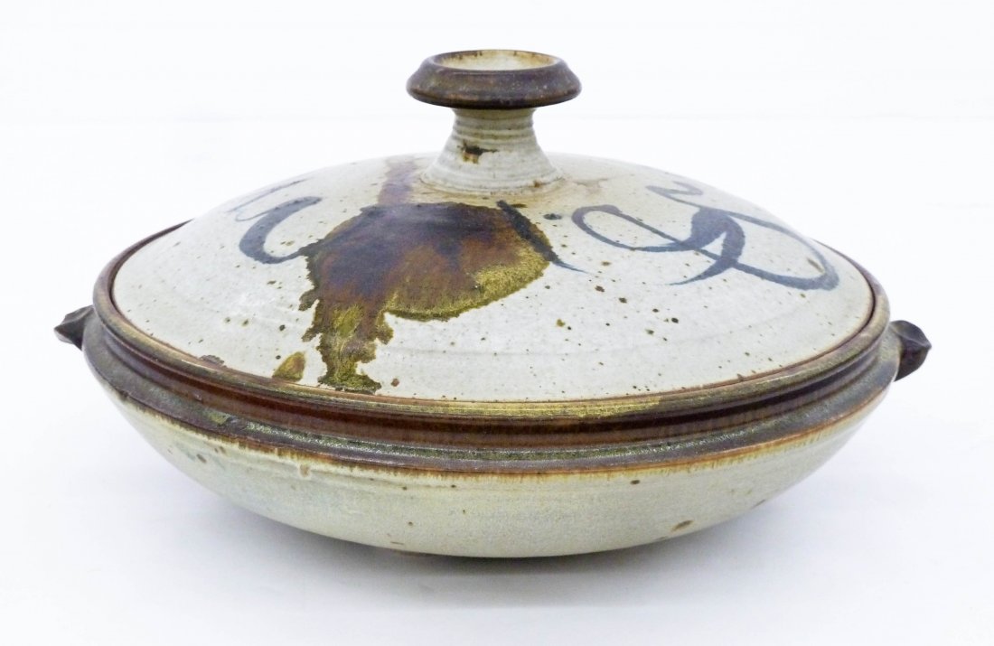 Robert Sperry (1927-1998 Washington) Casserole Glazed: Robert Sperry (1927-1998 Washington) Casserole Glazed Stoneware 6''x12''. Decorated with abstract blue and green glazes. Signed on bottom. Interior shows use, otherwise excellent condition.