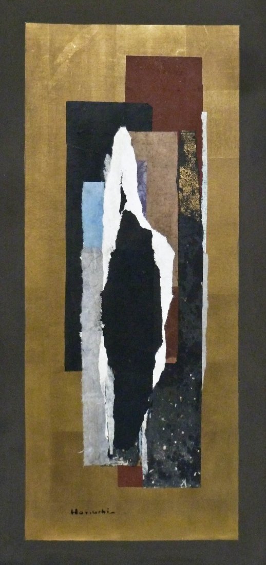 Paul Horiuchi (1906-1999 Washington) ''Segments of: Paul Horiuchi (1906-1999 Washington) ''Segments of Oblivion'' 1977 Casein Collage on Board 42''x20'' Image. An impressive abstract vertical collage by Horiuchi. Signed l.l. corner and titled on verso.