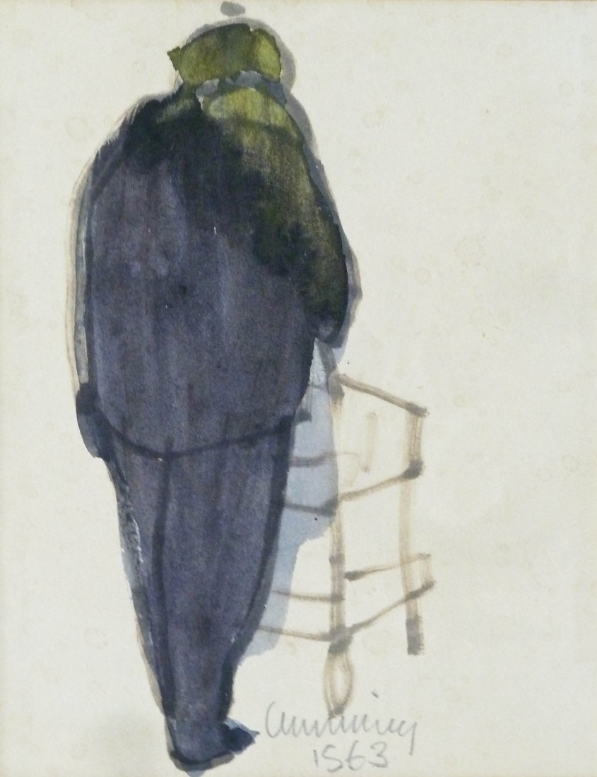 William Cumming (1917-2010 Washington) Three Figure: William Cumming (1917-2010 Washington) Three Figure Drawings. Includes a market figure with shopping cart 1963 watercolor and ink on paper 4.5''x3.5'' sight, 11.5''x10'' framed. A walking little girl