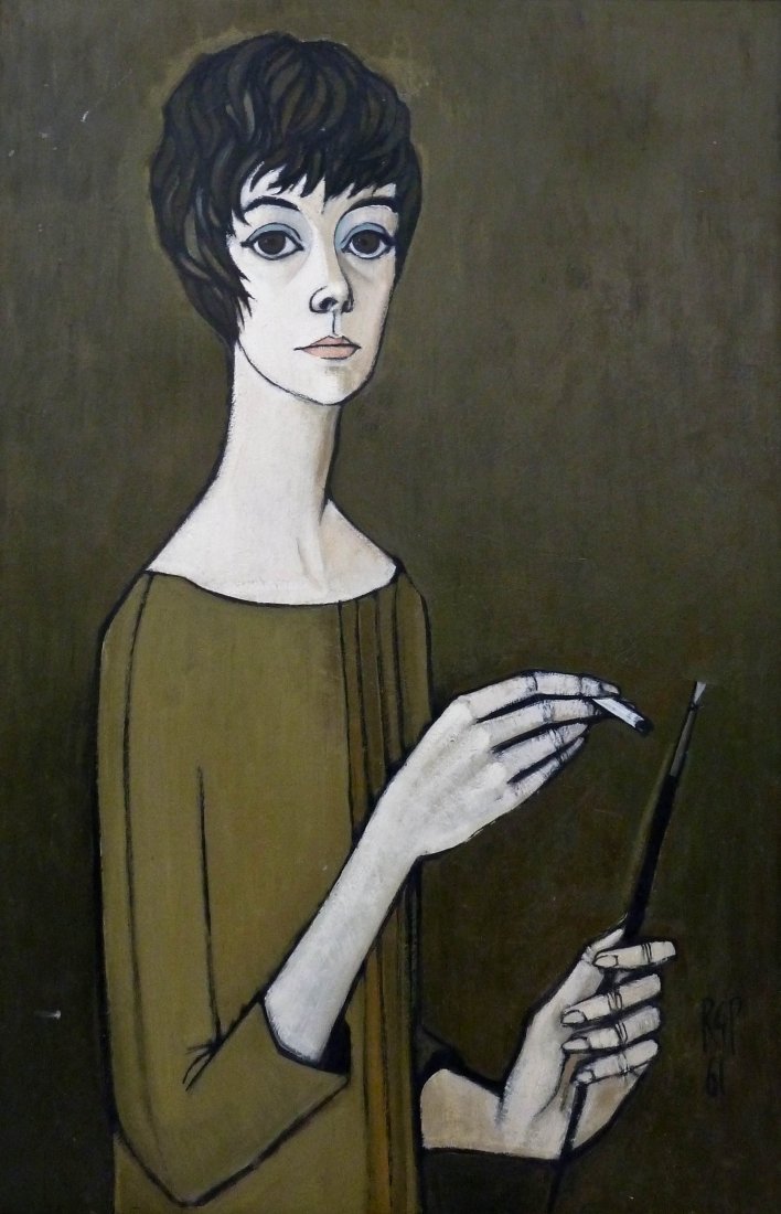 Rosalyn Gale Powell (1929-2007 Washington) ''Self: Rosalyn Gale Powell (1929-2007 Washington) ''Self Portrait'' 1961 Oil on Board 31''x20'' Image. A rare elongated portrait of the artist holding a brush and cigarette. Signed and dated l.r. corner with