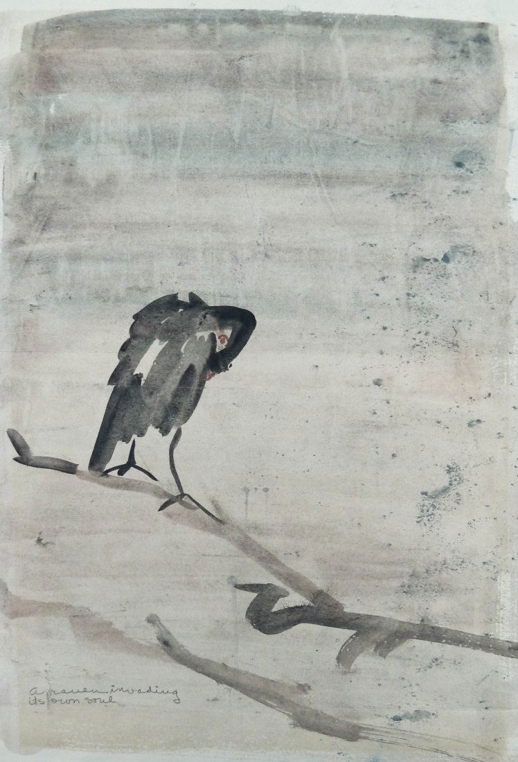 Attributed to Morris Graves (1910-2001 Washington) ''A: Attributed to Morris Graves (1910-2001 Washington) ''A Raven Invading It's Own Soul'' Tempera on Paper 17''x11.75'' Sight. A quiet image of a raven on a single branch. The back of the work has three s
