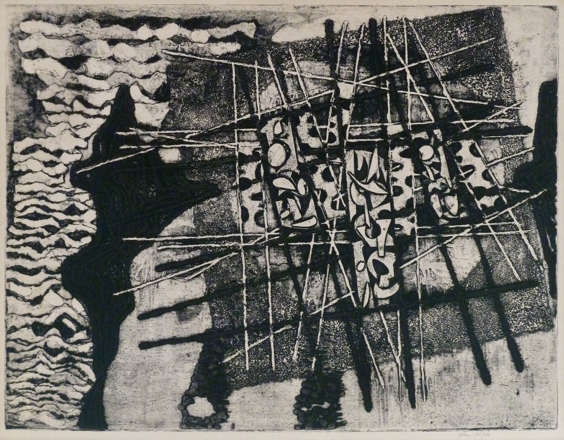 Glen Alps (1914-1996 Washington) Untitled Abstract: Glen Alps (1914-1996 Washington) Untitled Abstract Collagraph with Intaglio 21''x27'' Impression. A monochromatic abstraction that is signed l.r. margin. gallery framed with a total size of 26''x32''.