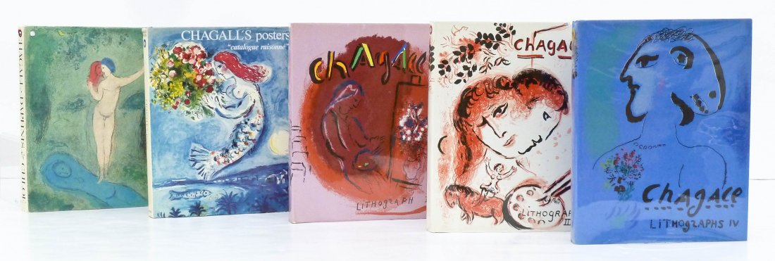 5pc Art Books on Marc Chagall. Includes his catalog: 5pc Art Books on Marc Chagall. Includes his catalog raisonne of lithographs ''Lithographe Volumes II-IV'', ''Daphnis & Chloe'', and ''Chagall's Posters'' books in cardboard slipcases. Slight shelf wea