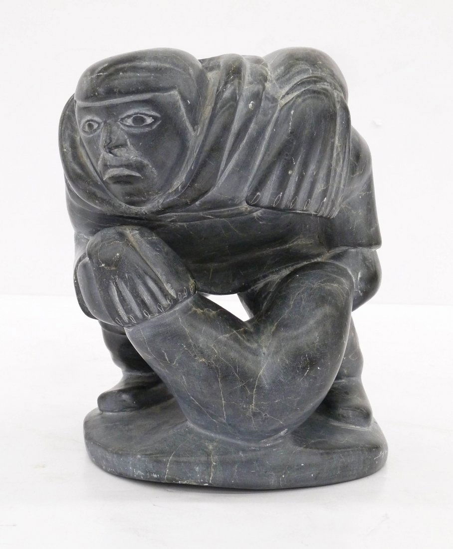 Inuit Hunter with Seals Carved Soapstone Sculpture