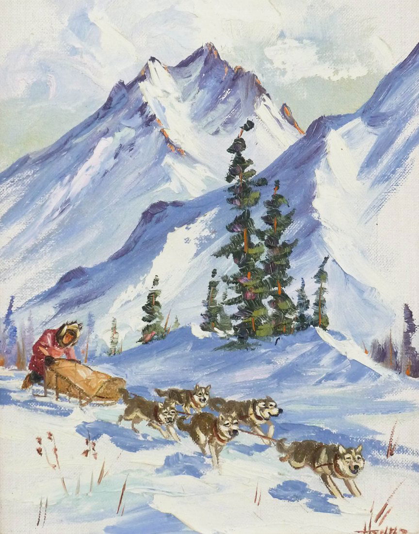 Ellen Goodale (1915-1991 Alaska) Two Eskimo Scenes Oil: Ellen Goodale (1915-1991 Alaska) Two Eskimo Scenes Oil on Board 10''x8'' Image Each. They depict a dog sled and an eskimo ice fishing. Both are signed Henne l.r. corner. Total framed size 11.5''x9.5''