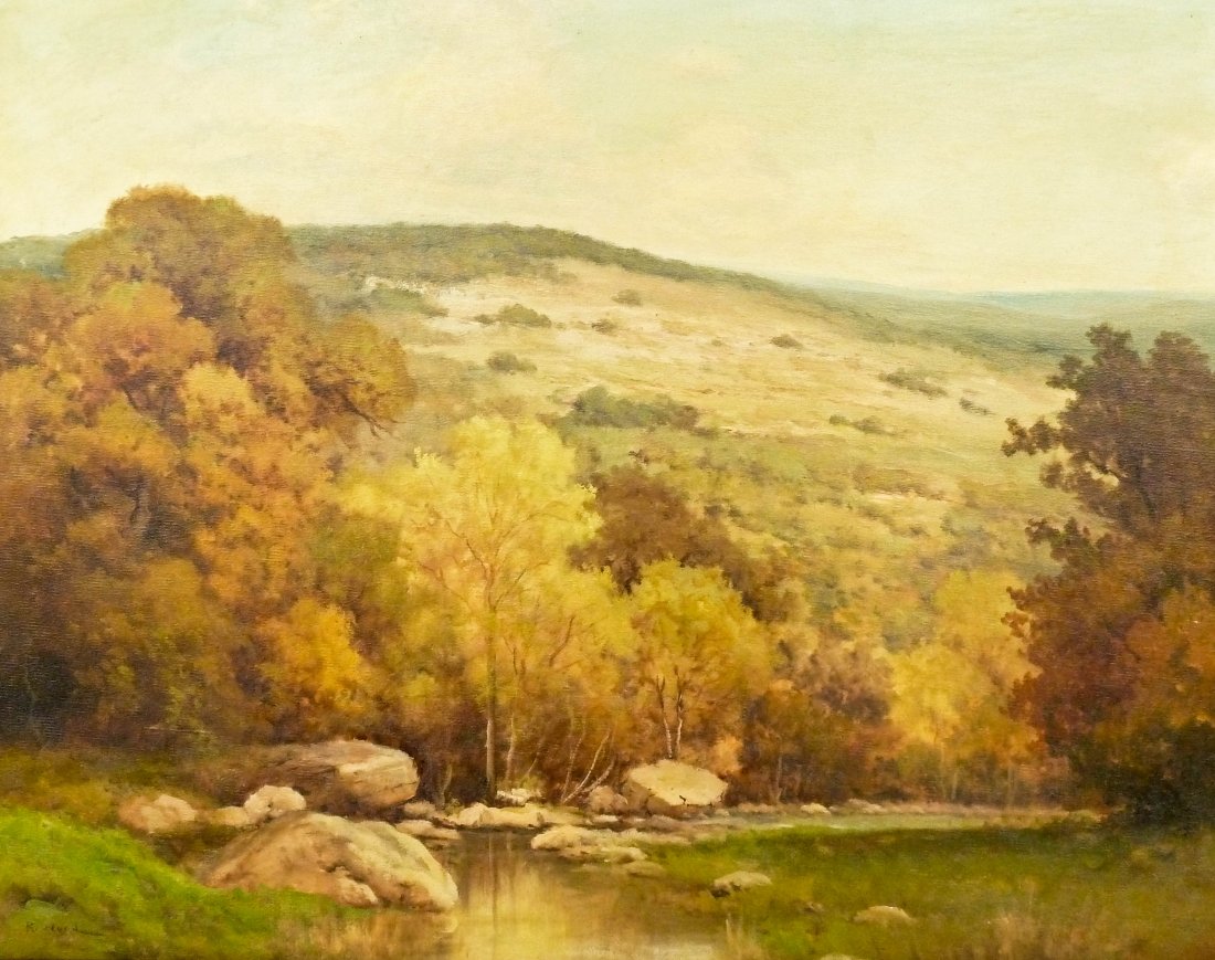 Robert Wood (1889-1979 American) Untitled Autumn: Robert Wood (1889-1979 American) Untitled Autumn Landscape Oil on Canvas 24''x30'' Image. An exceptional early Texas or California landscape by Wood. Signed ''R. Wood'' l.l. corner. Housed in original