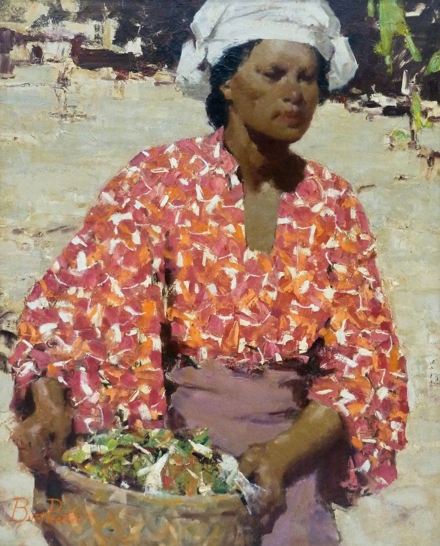 Burt Proctor (1901-1980 California) ''Indonesia'' Oil: Burt Proctor (1901-1980 California) ''Indonesia'' Oil on Board 30''x24'' Image. A colorful scene of a native Indonesian woman holding a basket. Signed l.l. corner with title label on verso. Total fram