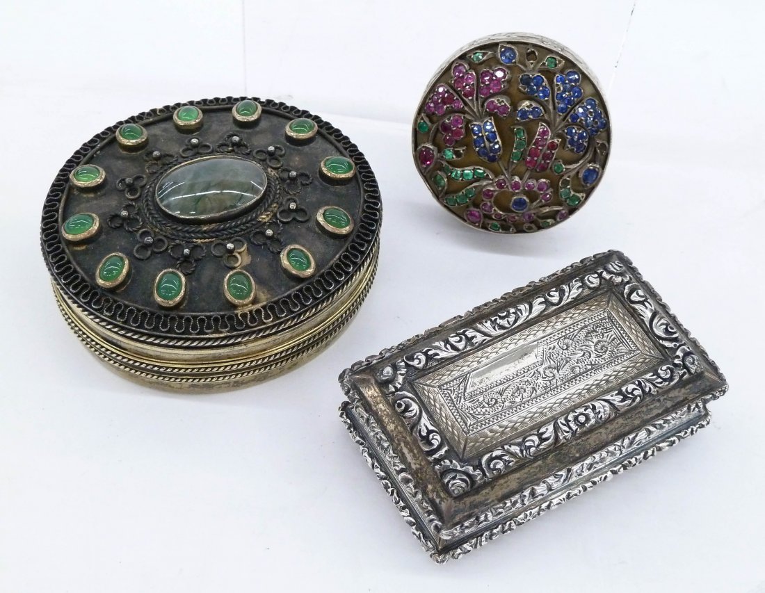 3pc Antique European Silver Miniature Boxes. Includes a: 3pc Antique European Silver Miniature Boxes. Includes a gold wash with jade and moss agate pill box 2.5'', an Italian etched silver and jeweled round box 1.5'', and an English Birmingham 1834 snuff bo